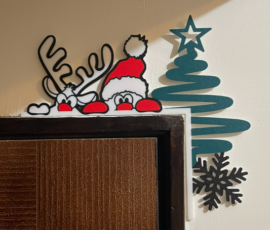 Peeping Reindeer and Santa Christmas Door Topper